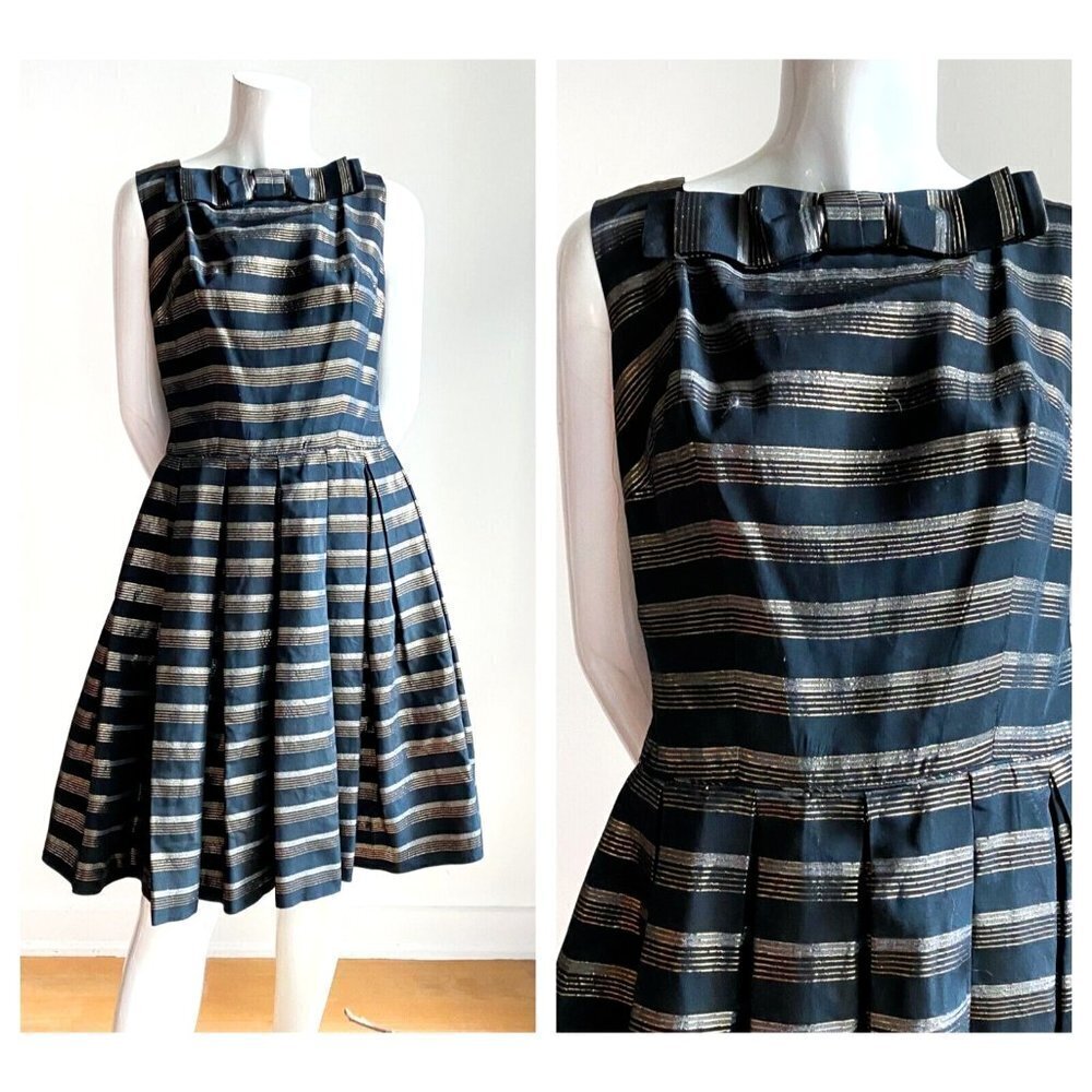 Vintage Black Gold  Stripe Bow Detail Sleeveless Knee Lenght Dress S